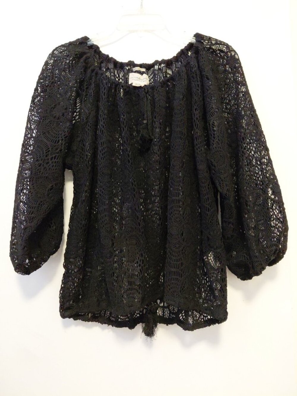 Denim & Supply Ralph Lauren Crochet Lace Blouse Puff Sleeves Sheer Black Med